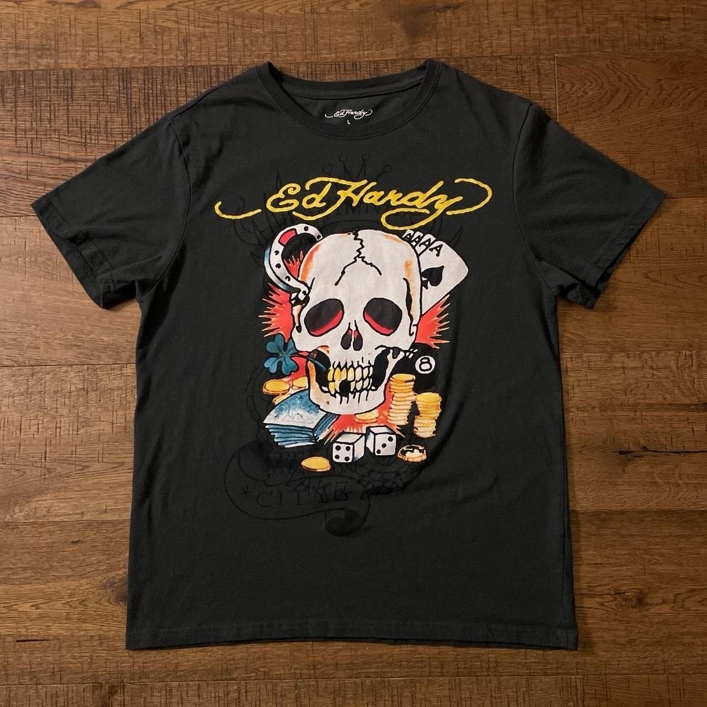 Ed Hardy Mens Las Vegas Casino Skull Tattoo Graphic Tee Dark Gray Large